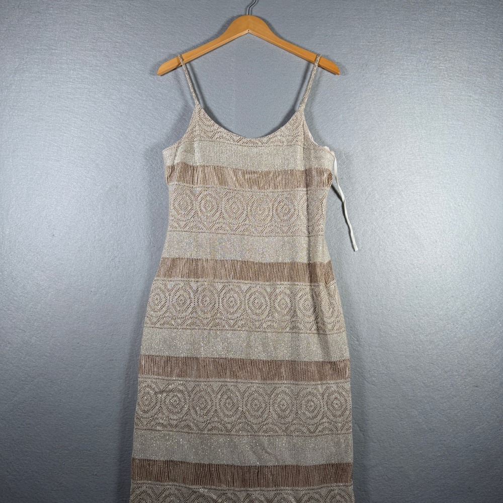 Bari Jay Vintage Metallic Knit Lace Maxi Dress with Matching Shawl Gold 13-14